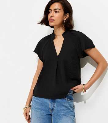 Black Crinkled Flutter Sleeve Blouse