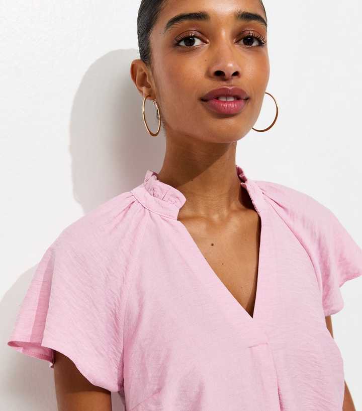Light Pink Crinkled Flutter Sleeve Blouse