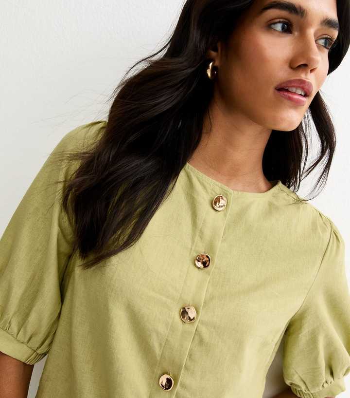 Green Linen Blend Gold Tone Textured Button Blouse