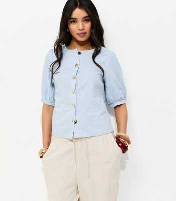Blue Linen Blend Gold Tone Textured Button Blouse