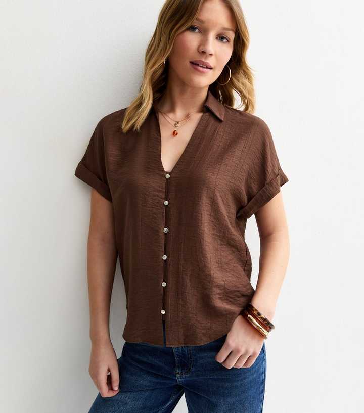 Brown Crinkled Short Sleeve Shirt