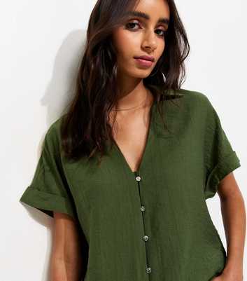 Dark Khaki Crinkled Short Sleeve Shirt