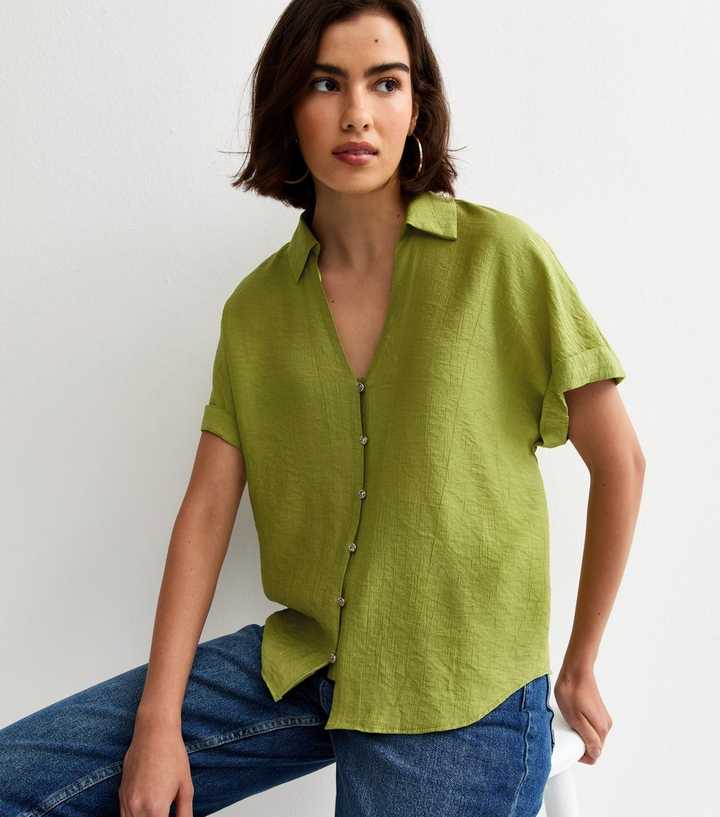 Green Crinkled Short Sleeve Shirt