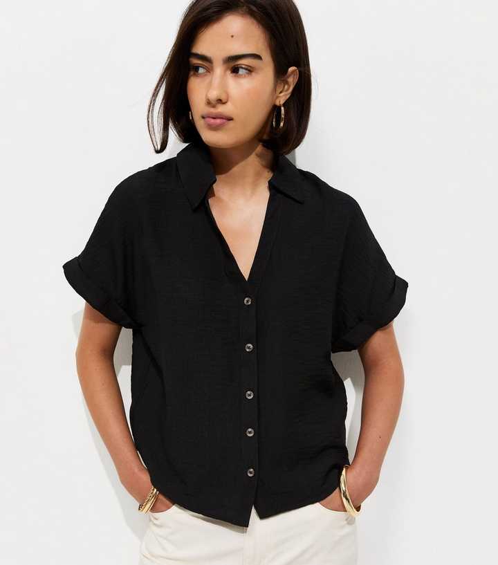 Black Collared V Neck Short Shirt