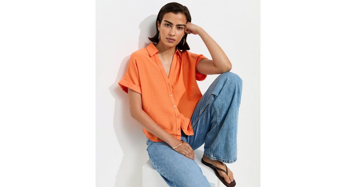 Bright Orange Collared V Neck Short Shirt