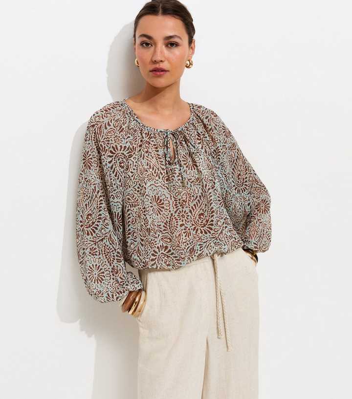 Green Paisley Print Long Sleeve Chiffon Blouse