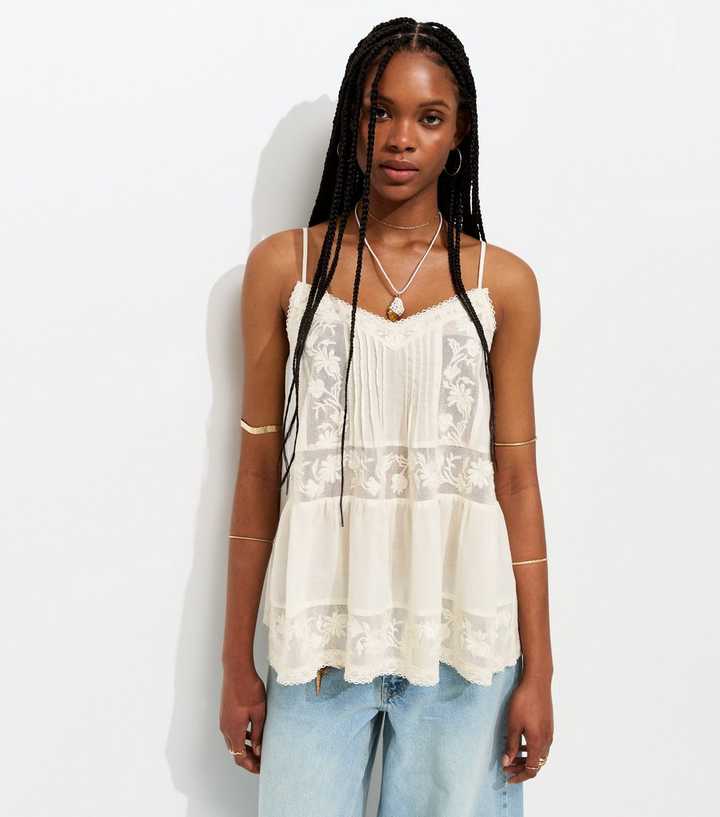 Cream Lace Panel Longline Cami Top