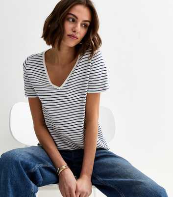 Cream Striped V Neck T-Shirt
