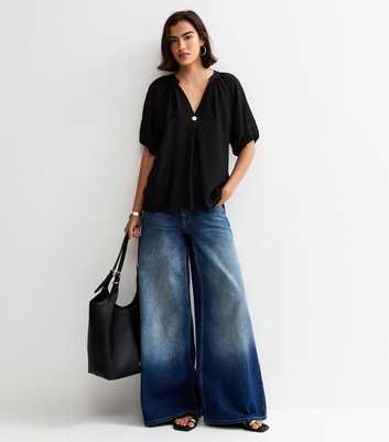 Black Puff Sleeve V-Neck Blouse