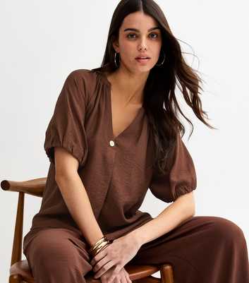 Brown Puff Sleeve V-Neck Blouse