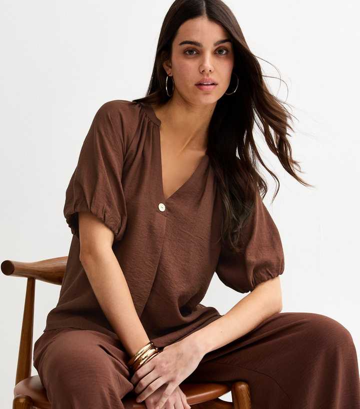 Brown Puff Sleeve V-Neck Blouse