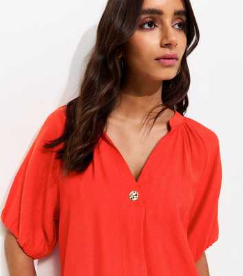 Red Puff Sleeve V-Neck Blouse