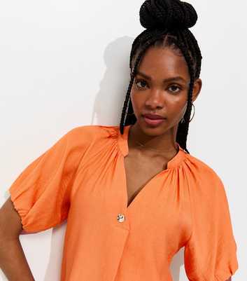 Orange Puff Sleeve V-Neck Blouse
