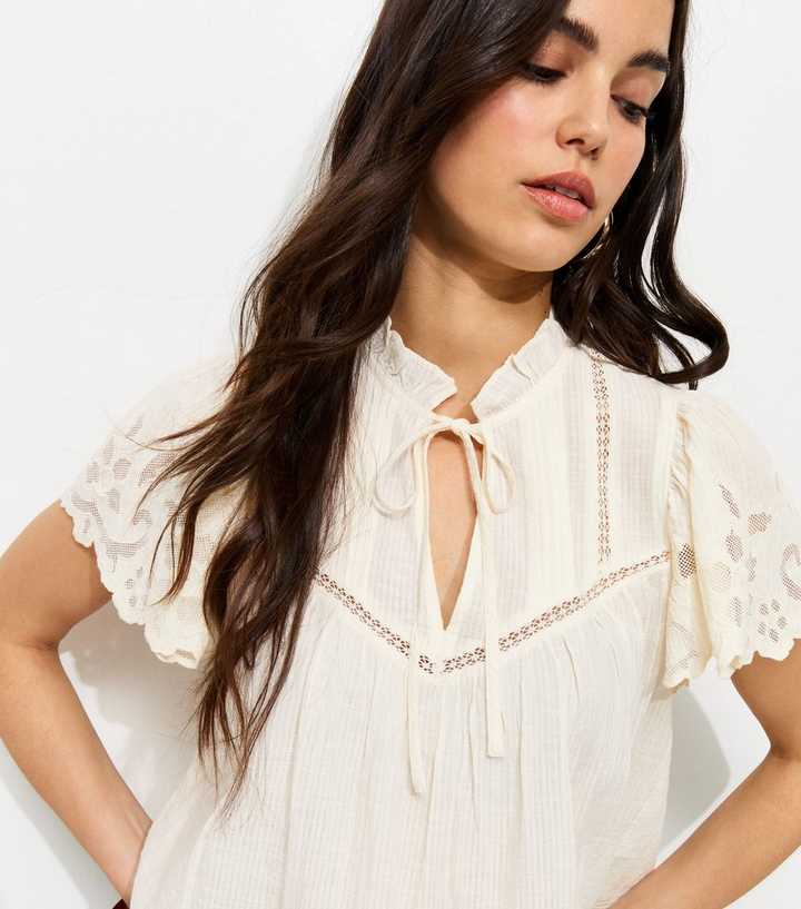 Cream Embroidered Tie Neck Short Sleeve Blouse