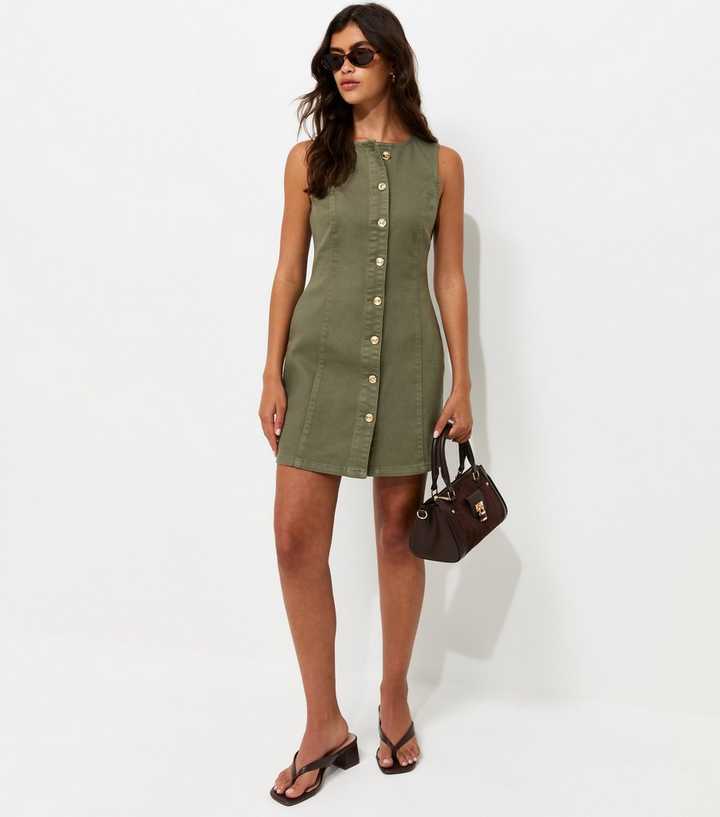 Dark Khaki Twill Button Up Sleeveless Mini Dress
