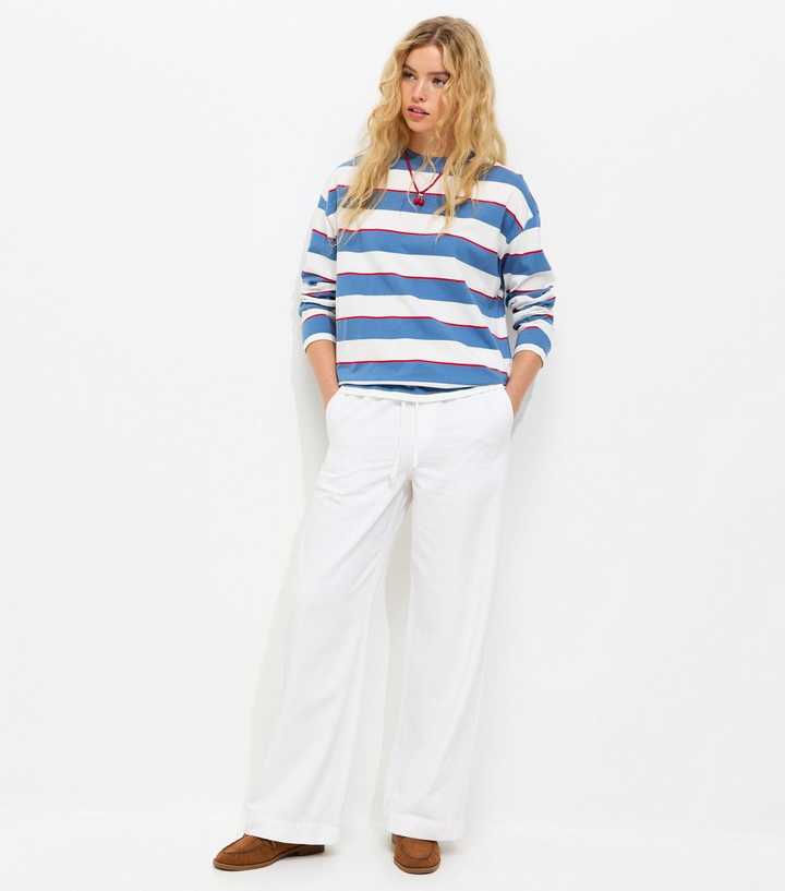 White Cotton Twill Drawstring Wide Leg Trousers