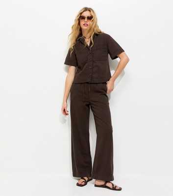 Dark Brown Cotton Twill Drawstring Wide Leg Trousers