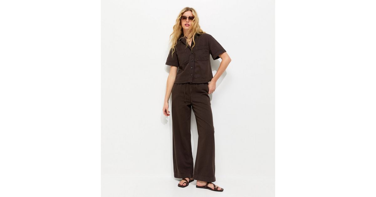 Dark Brown Cotton Twill Drawstring Wide Leg Trousers