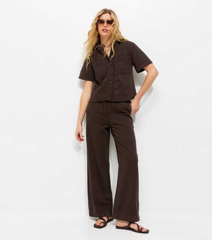 Dark Brown Cotton Twill Drawstring Wide Leg Trousers