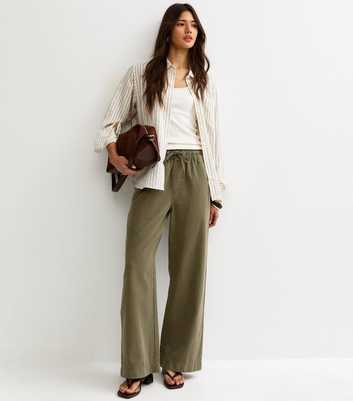 Dark Khaki Cotton Twill Drawstring Wide Leg Trousers