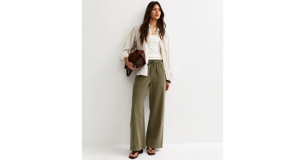 Dark Khaki Cotton Twill Drawstring Wide Leg Trousers