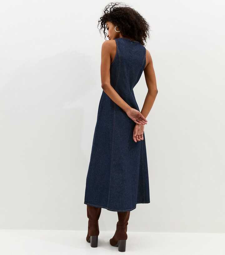Navy Denim A-Line Sleeveless Midi Dress