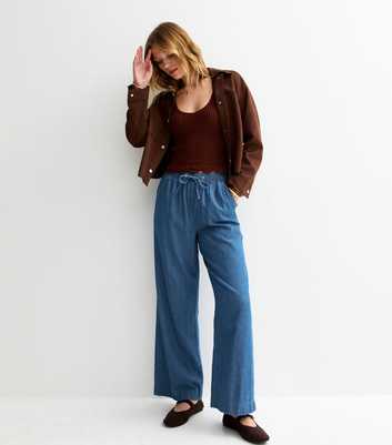 Blue Denim Drawstring Wide Leg Trousers