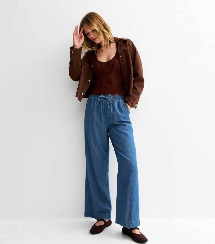 Blue Denim Drawstring Wide Leg Trousers