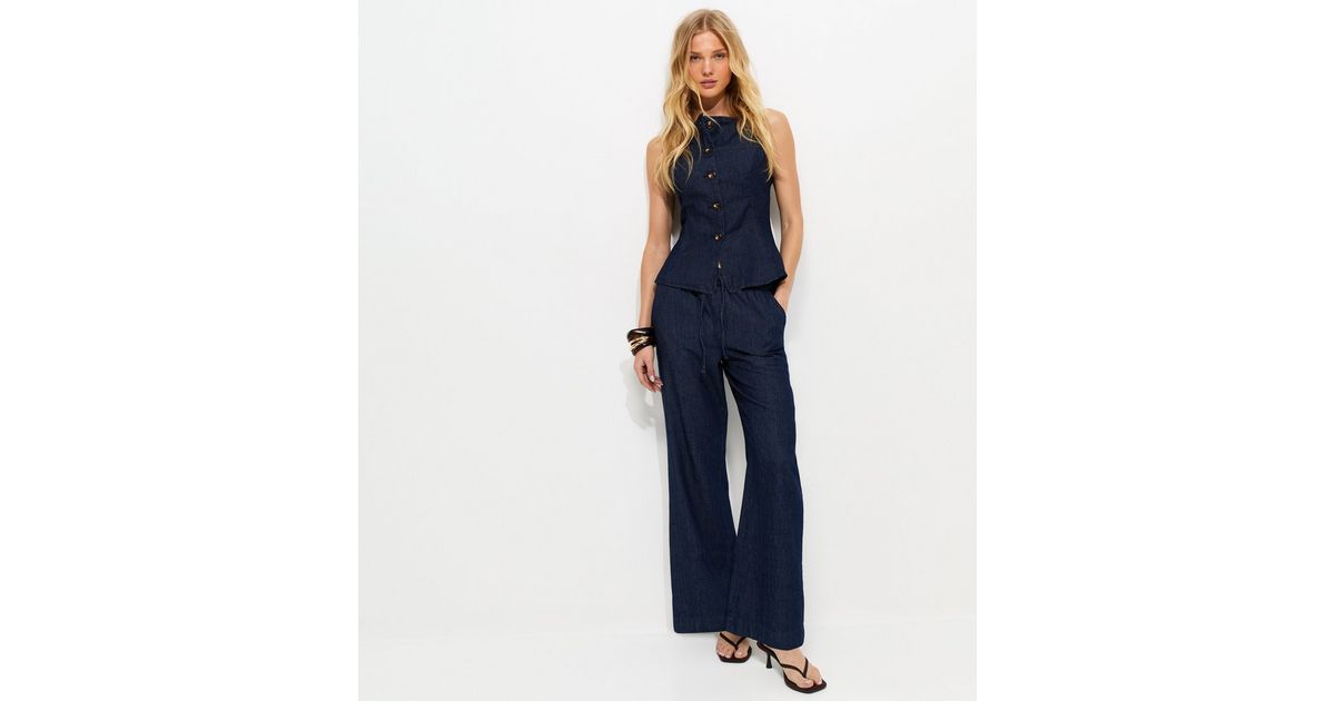 Indigo Wash Denim Drawstring Wide Leg Trousers
