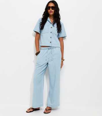 Light Blue Denim Drawstring Wide Leg Trousers