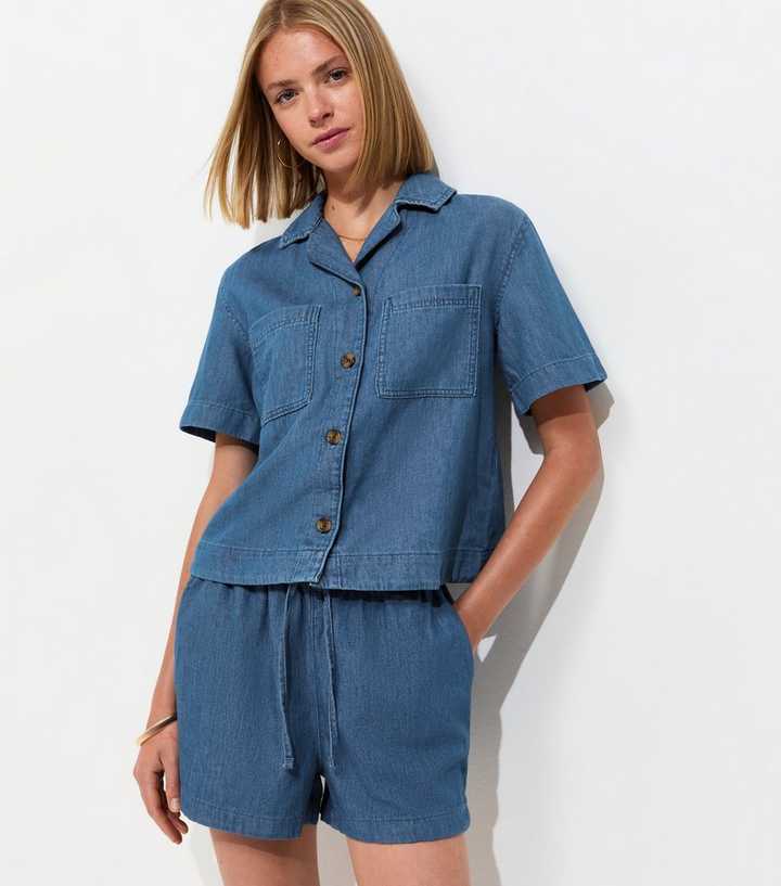 Blue Denim Pull On Drawstring Shorts