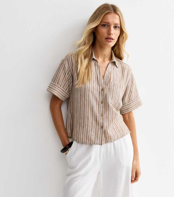 Brown Chest Pocket Striped Crop Shirt