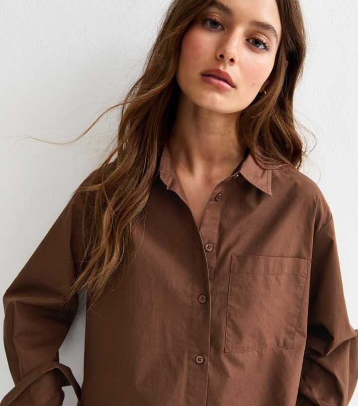 Dark Brown Poplin Curved Hem Shirt