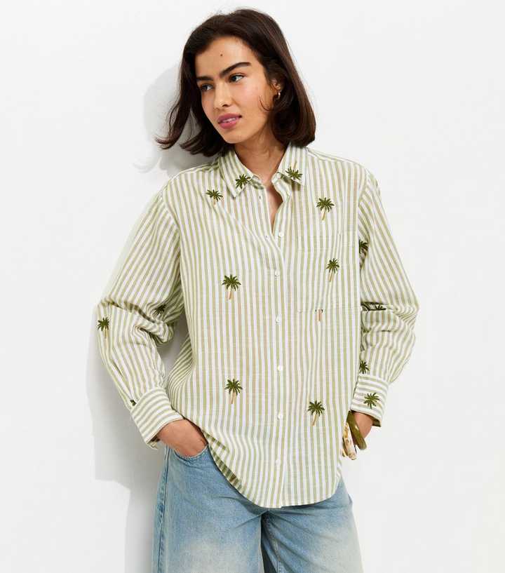Green Striped Palm Tree Embroidered Shirt