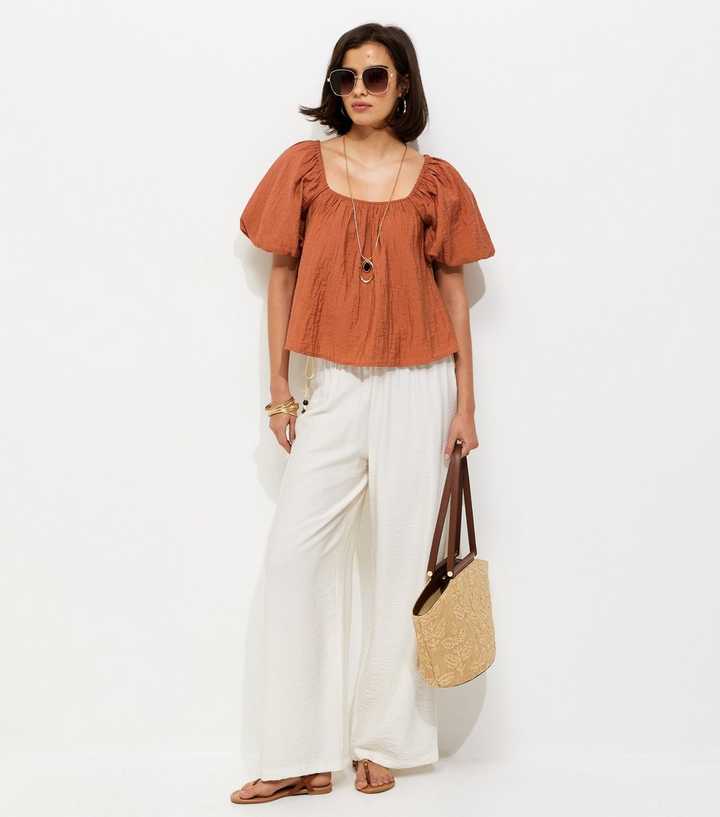 Rust Square Neck Puff Sleeve Blouse
