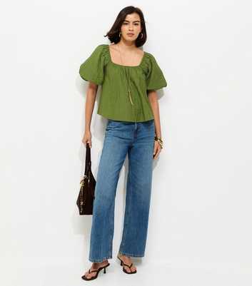 Green Square Neck Puff Sleeve Blouse