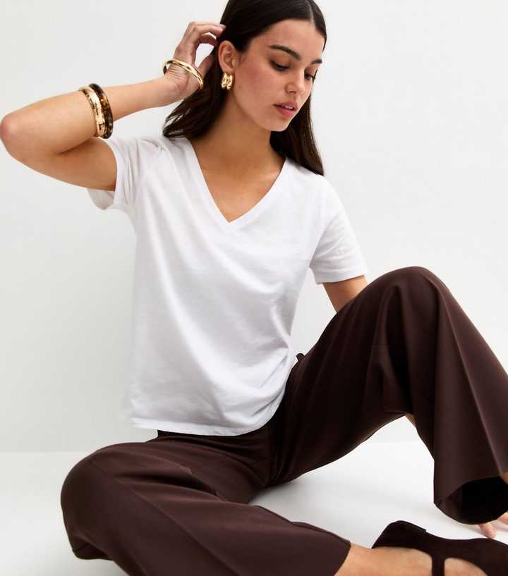 White Cotton V Neck T-Shirt