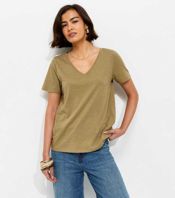 Khaki Cotton V Neck T-Shirt