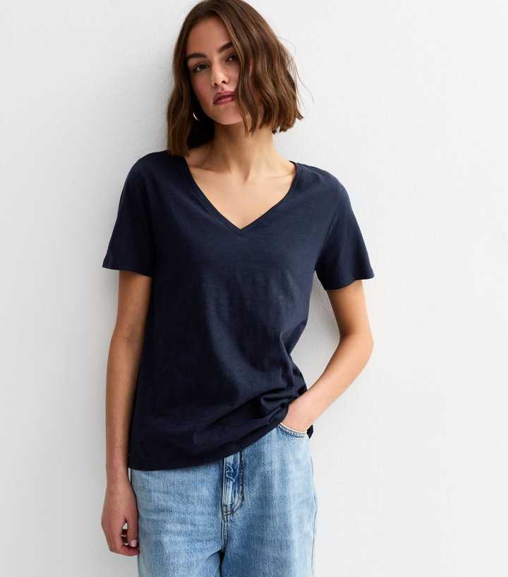 Navy Cotton V Neck T-Shirt