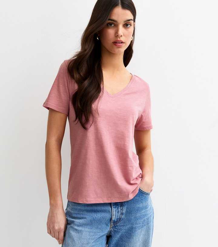 Pink Cotton V Neck T-Shirt
