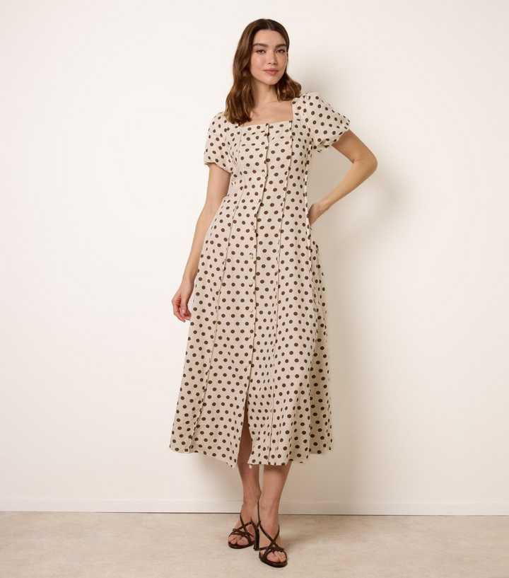 Blue Vanilla Stone Linen Polka Dot Puff Sleeve Midi Dress