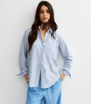 Blue Seaside Bead Embellished Long Sleeve Shirt