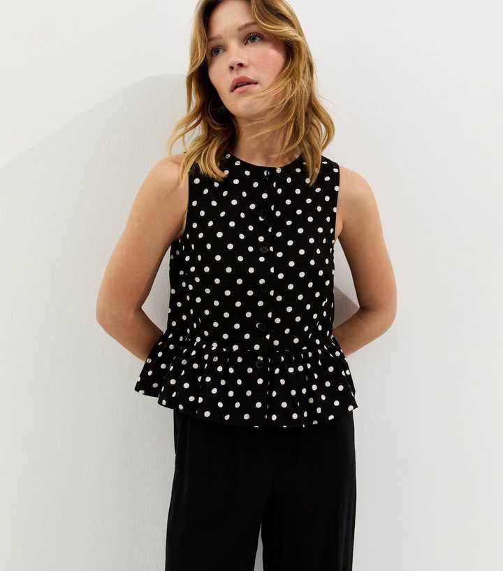 Black Polka Dot Button Up Peplum Top