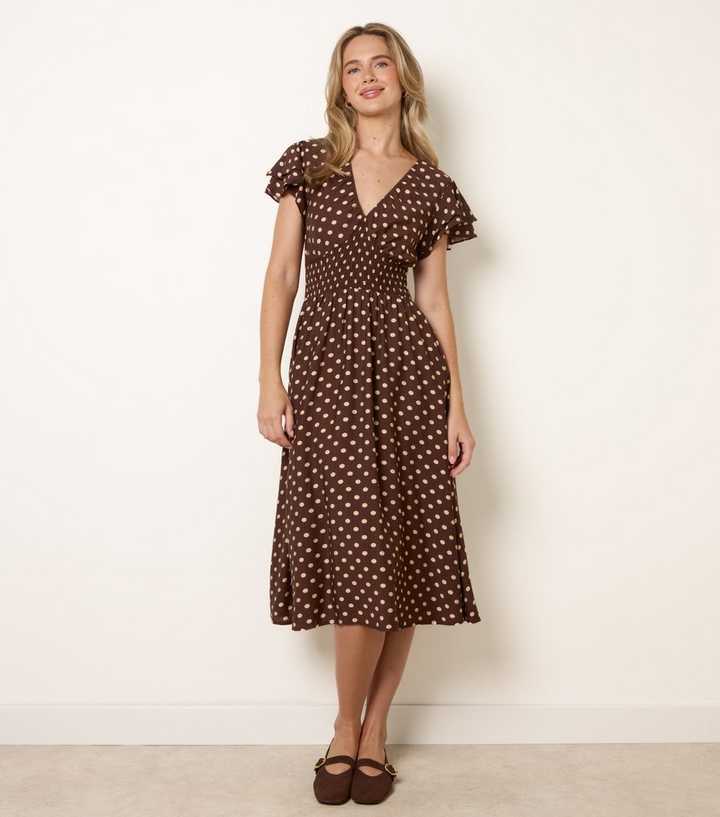 Blue Vanilla Dark Brown Polka Dot Elasticated Waist Midi Dress