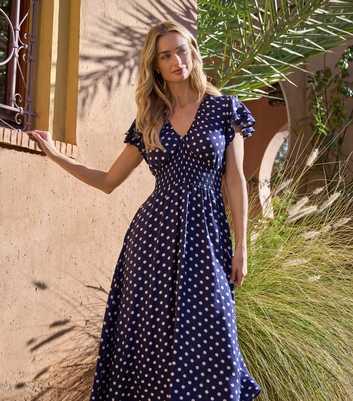 Blue Vanilla Navy Polka Dot Elasticated Waist Midi Dress