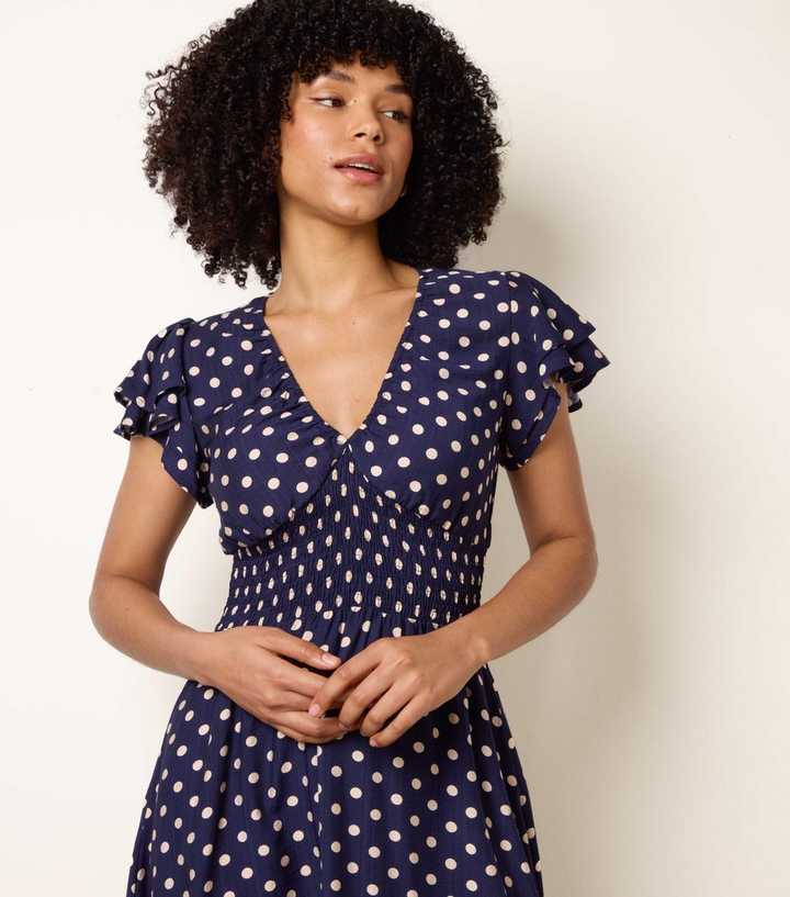 Blue Vanilla Navy Polka Dot Elasticated Waist Midi Dress | New Look