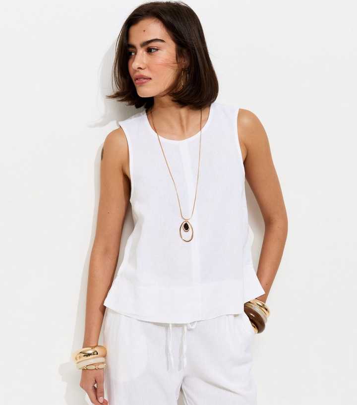 White Linen Blend Sleeveless Top