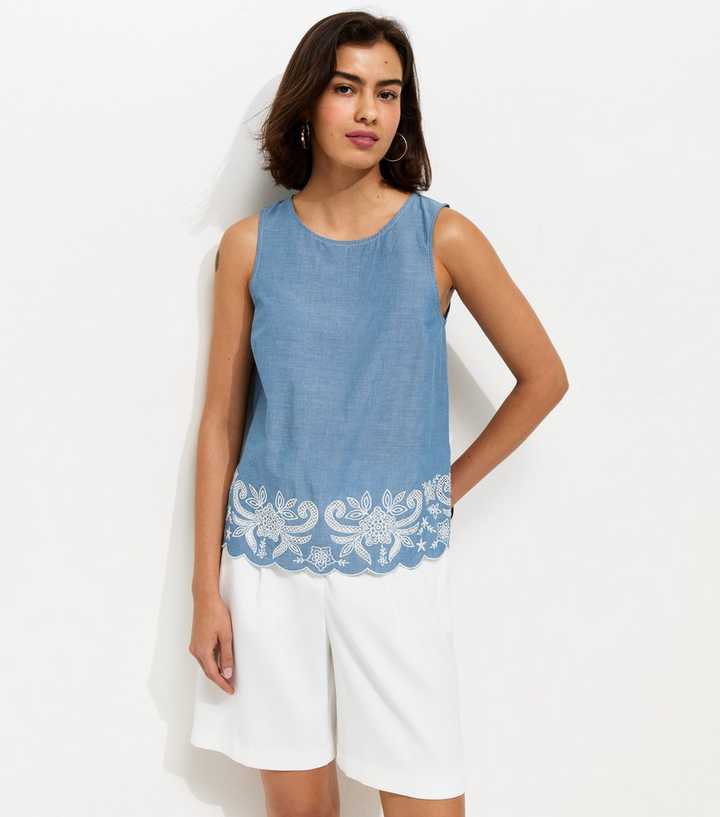 Blue Embroidered Hem Sleeveless Top