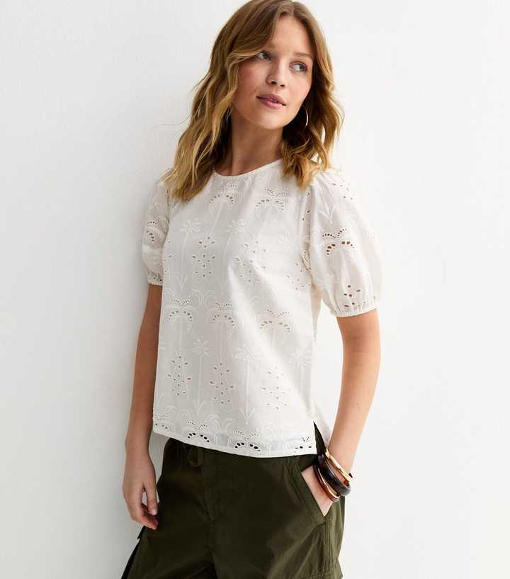 White Palm Cutwork Puff Blouse