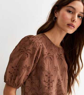 Brown Palm Cutwork Puff Blouse